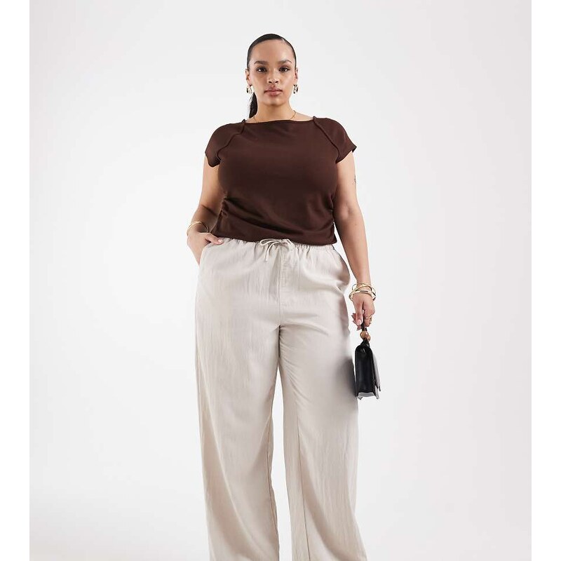 ONLY Curve pull on wide leg trousers in oatmeal-Neutral