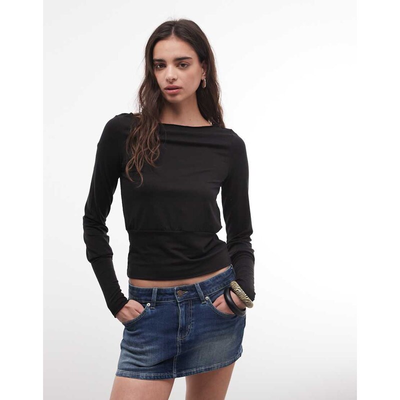 Weekday boat neck long sleeve top with snatched waist in black 114423520