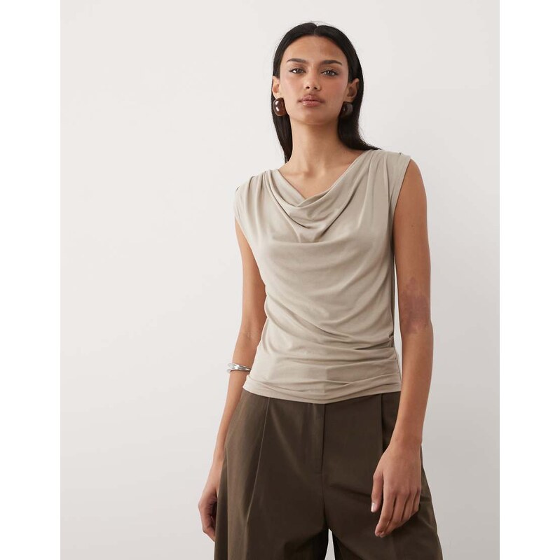 Mango cowl neck sleeveless top in beige-Neutral