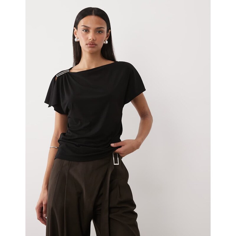 Mango boat neck sleeveless top with hardware shoulder detail in black 114423544