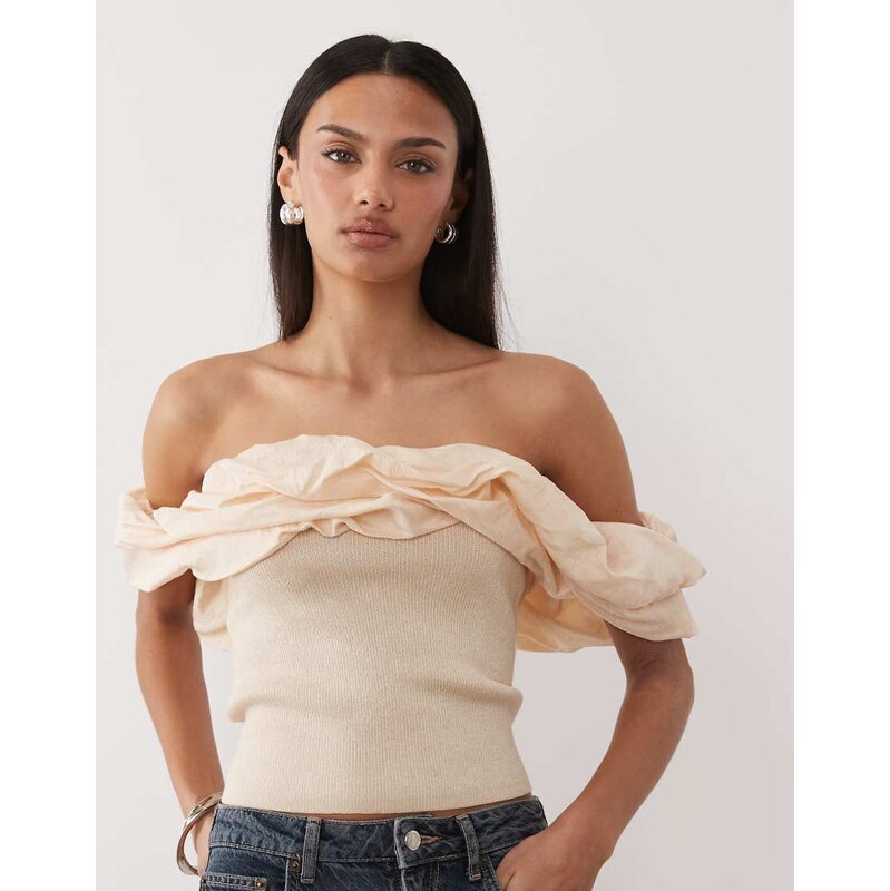 Mango off shoulder sleeveless top with statement frills in beige 114423542