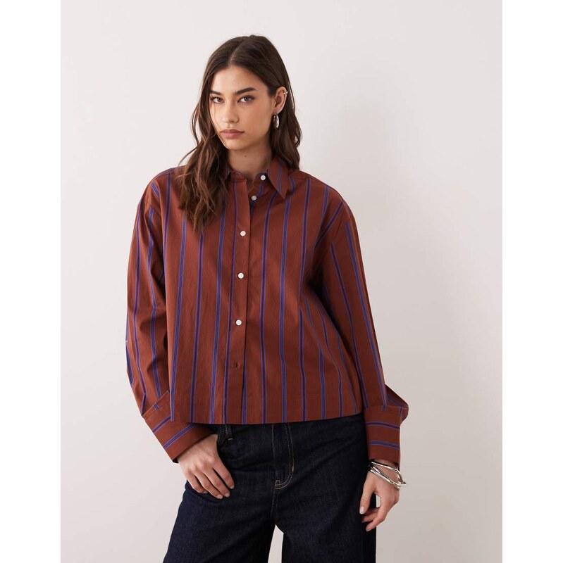 Mango 100% cotton shirt in rust and blue stripe-Multi 114423547
