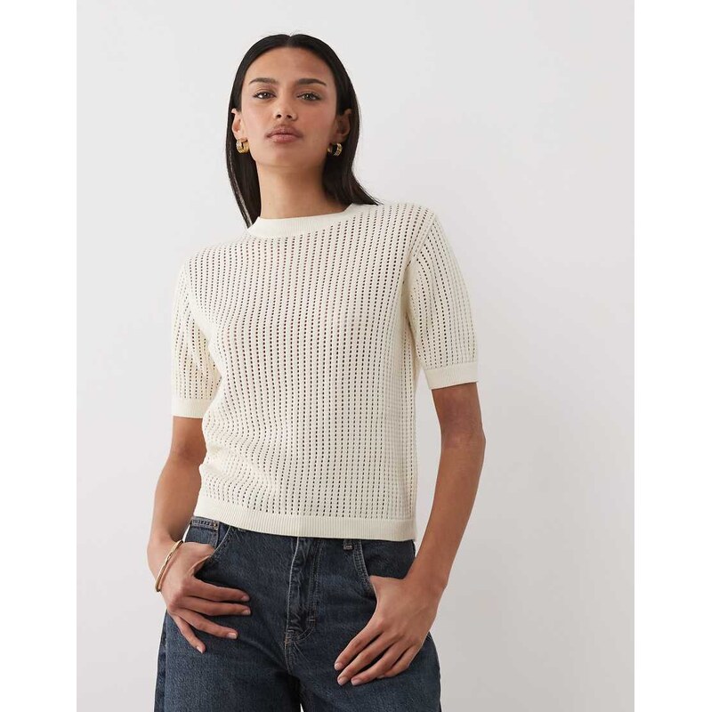 Mango 100% cotton short sleeve knitted top in cream-Neutral 114423545