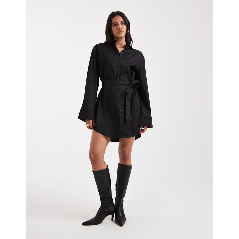 Edited tie waist shirt mini dress in black-White