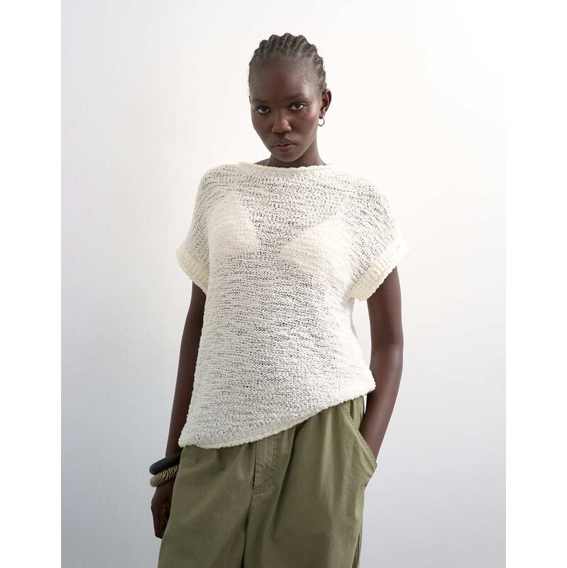 Topshop knitted asymmetric top in ivory-White