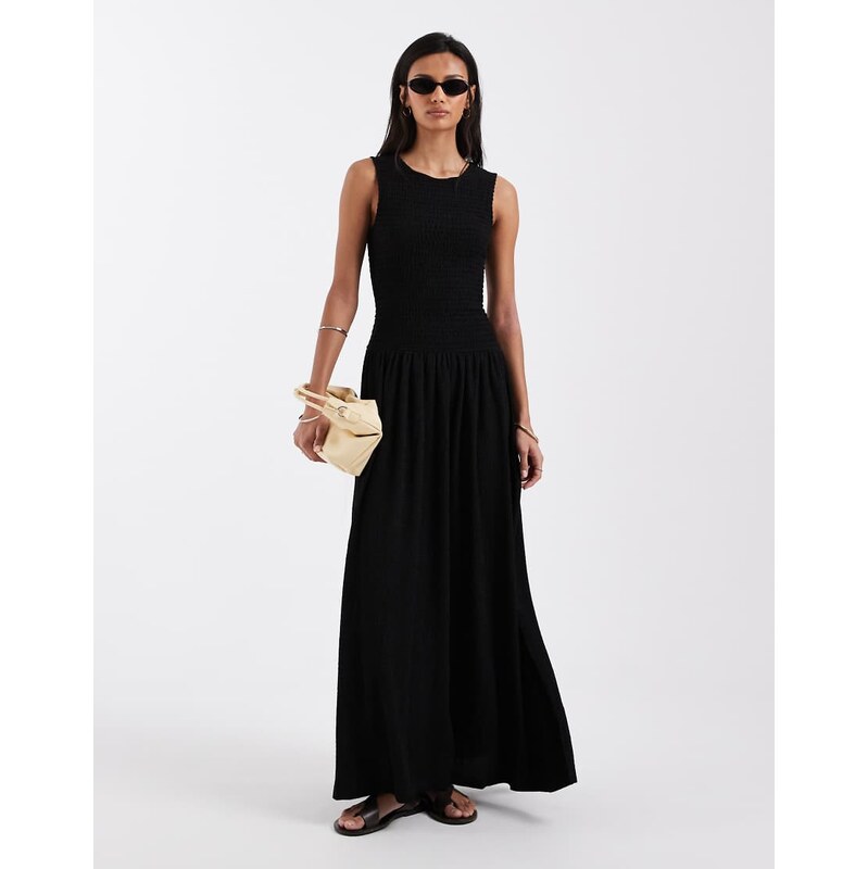 Brave Soul drop waist racer dress with shirred bodice in black 114587929