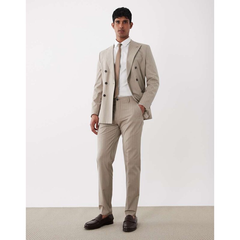 Selected slim fit suit trousers in beige pinstripe-White