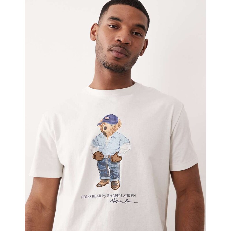 Polo Ralph Lauren chest print denim polo bear t-shirt in white