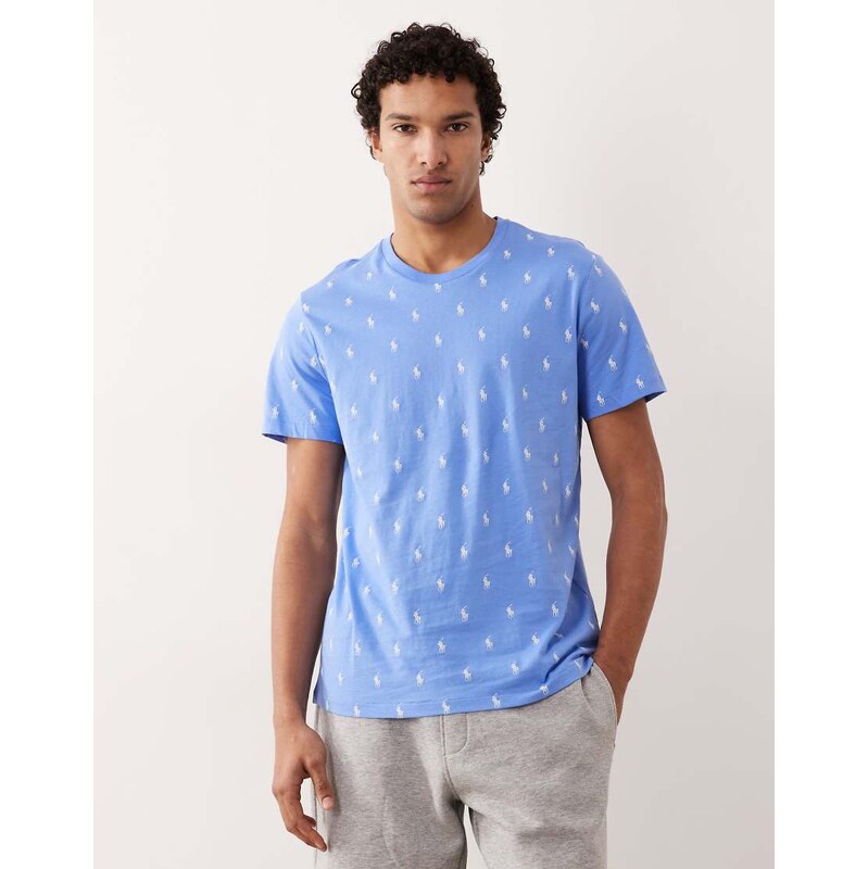 Polo Ralph Lauren all over icon logo lounge t-shirt in mid blue