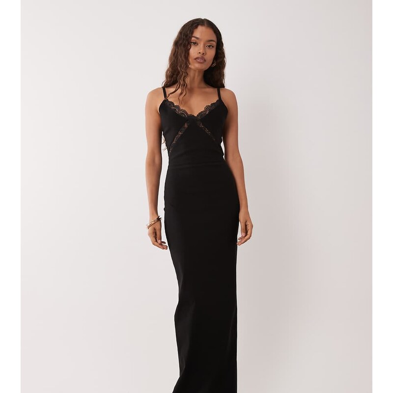 Vesper Petite bengaline cami lace detail maxi dress in black 115522488