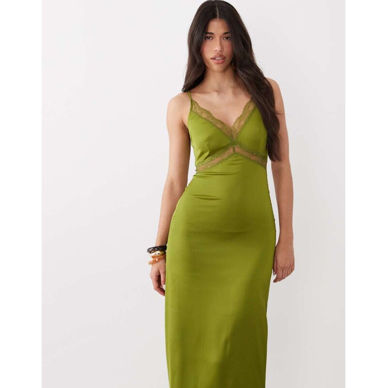 ONLY satin feel maxi dress with lace detail in olive-Green