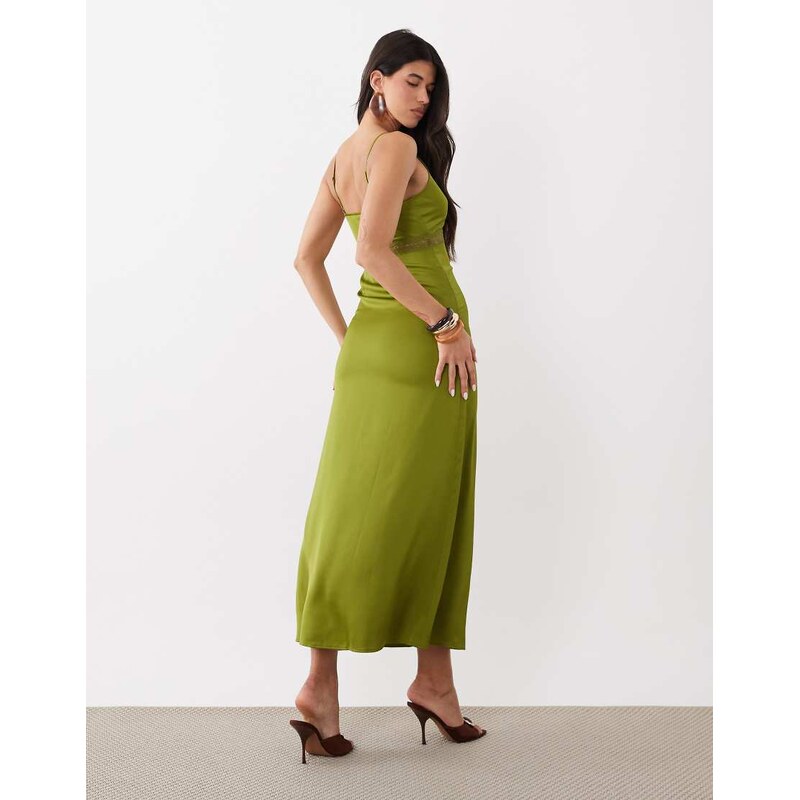 ONLY satin feel maxi dress with lace detail in olive-Green