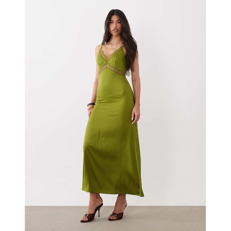 ONLY satin feel maxi dress with lace detail in olive-Green