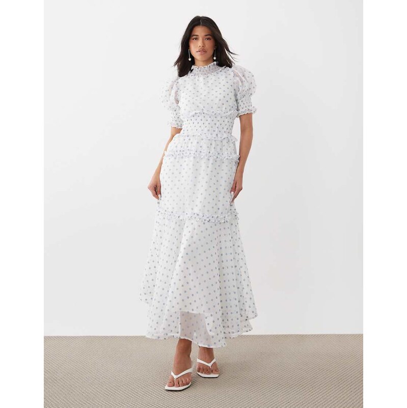 Sister Jane chiffon shirred ruffle puff sleeve maxi dress in blue 114425885