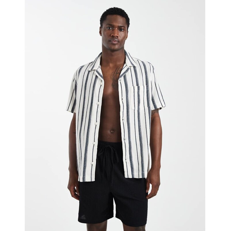 ASOS DESIGN regular fit revere stripe textured shirt in cream