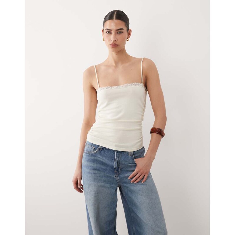 Mango cotton mix ruched strappy cami with lace trim in pastel yellow 114425912