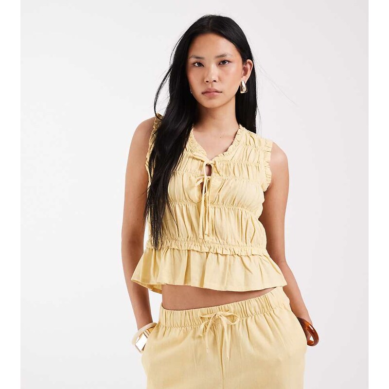 ONLY Tall linen blend tie front ruched top co-ord in pale yellow
