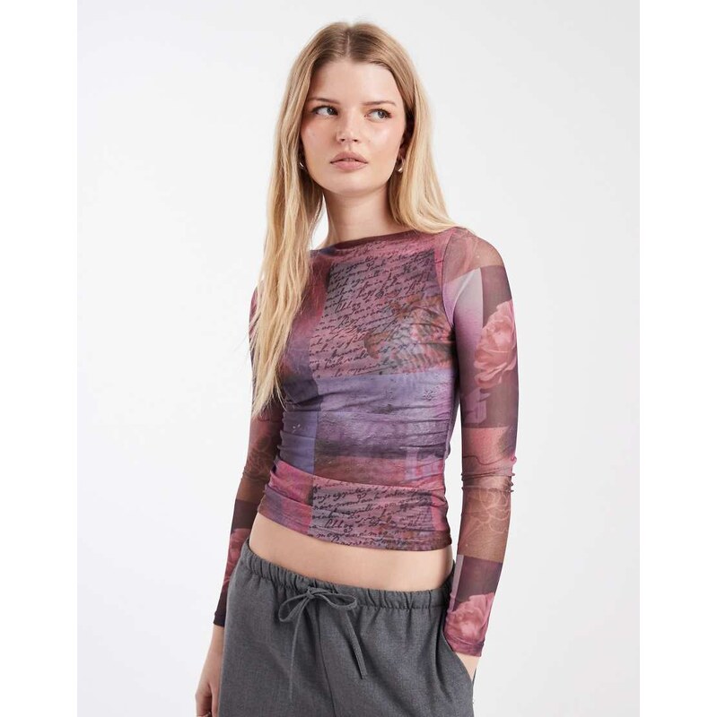 Cotton On ashley mesh graphic long sleeve top in sunset bloom
