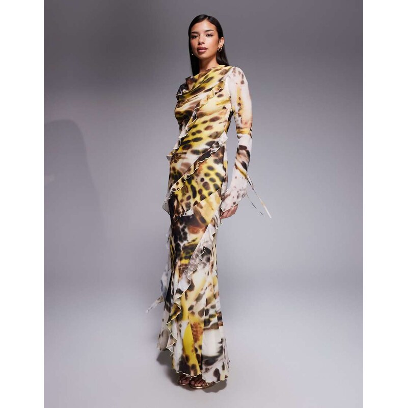 Daska chiffon high cowl neck frill detail maxi dress in abstract 115521255