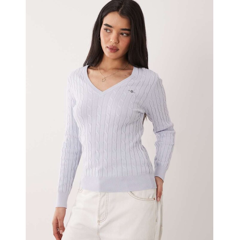 GANT v-neck cable knit sweater in baby blue 114704079