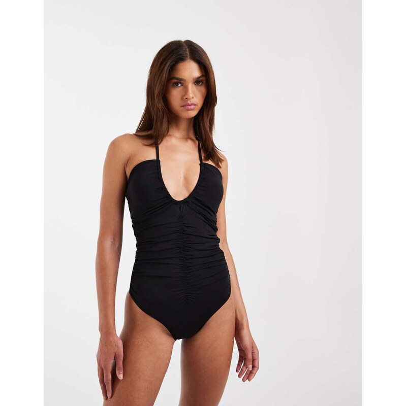 Vero Moda plunge front halter neck ruched detail swimsuit in