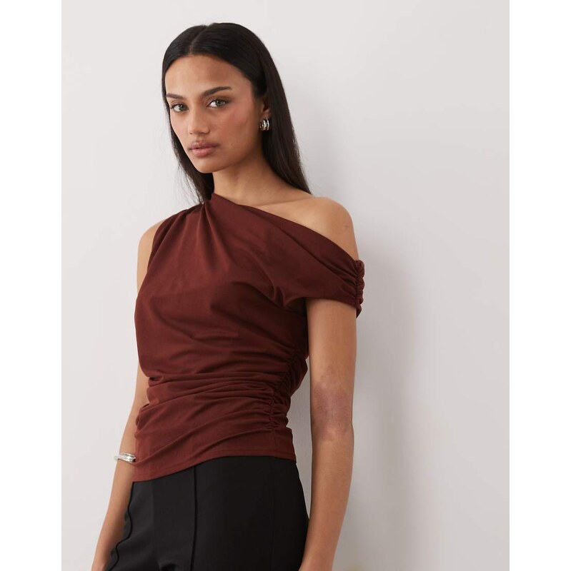 Mango asymmetric ruched side sleeveless top in rust-Orange 114425915