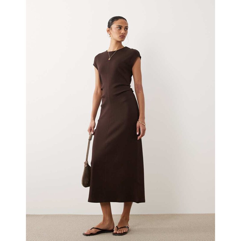 Mango cap sleeve midi dress with ruched waist in brown