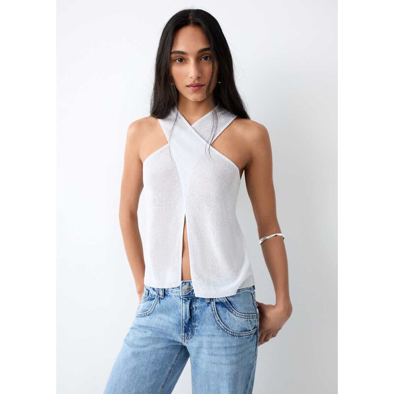 Mango Teen knitted cross detail top in silver
