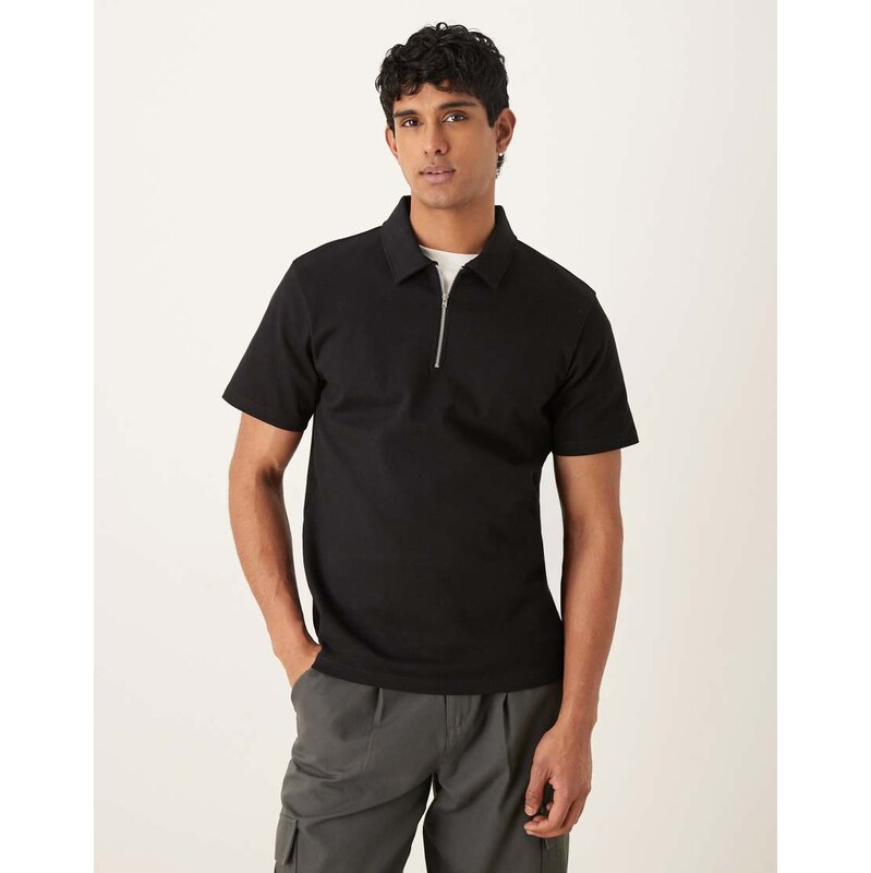 ASOS DESIGN premium interlock regular fit zip polo in black