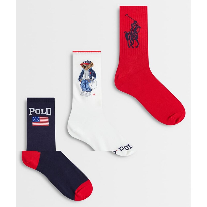 Polo Ralph Lauren 3 pack bear socks gift box in navy, white and red 114425795