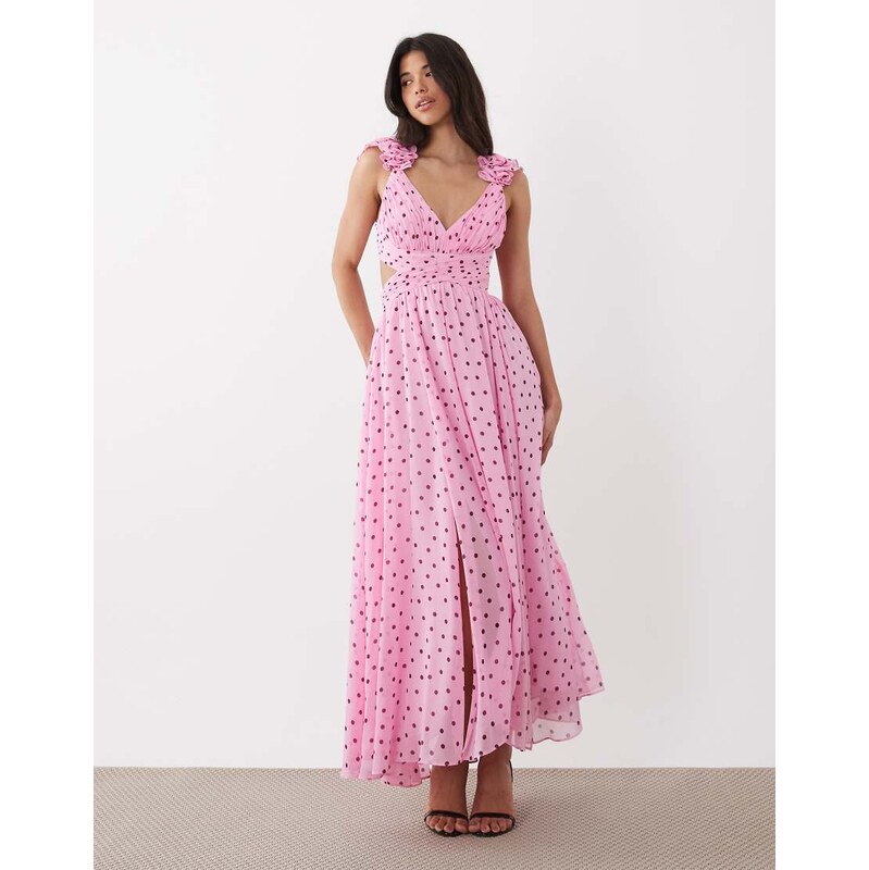 Forever New chiffon ruffle shoulder maxi dress in pink polka dot