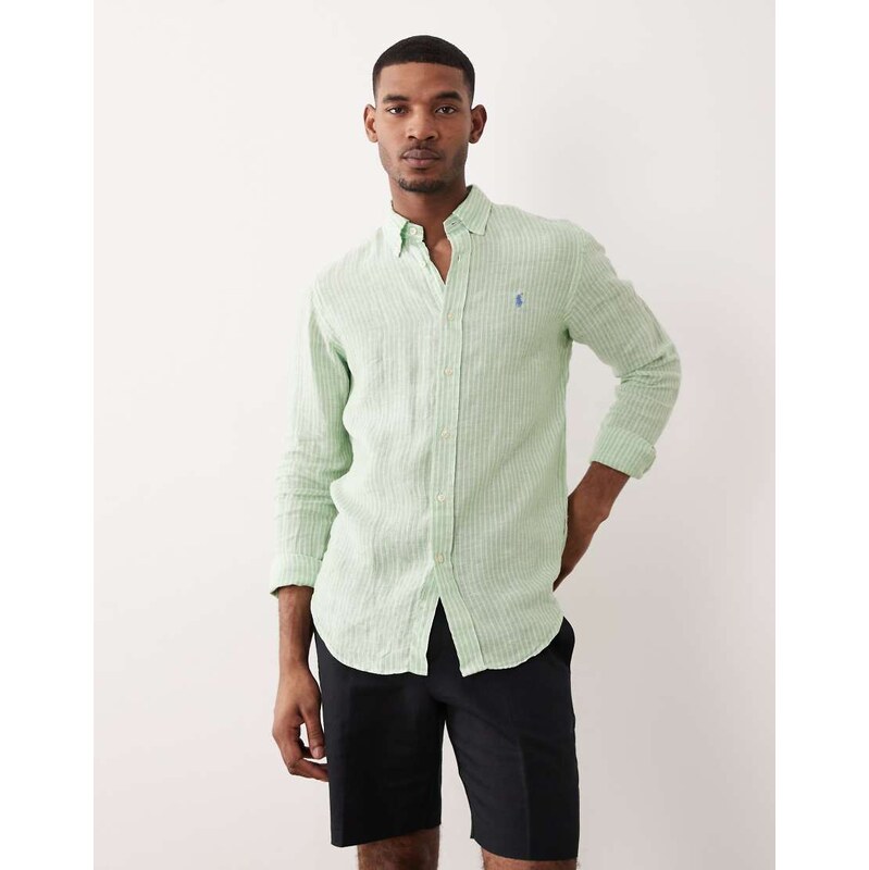 Polo Ralph Lauren icon logo striped linen long sleeve shirt in