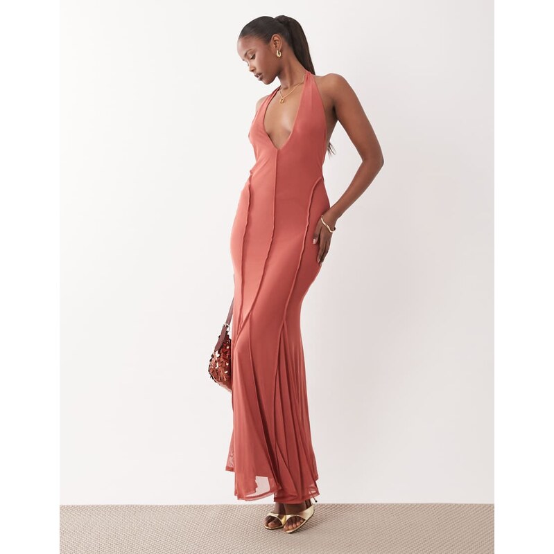ASOS DESIGN u-shaped mesh halter with exposed seam detail maxi