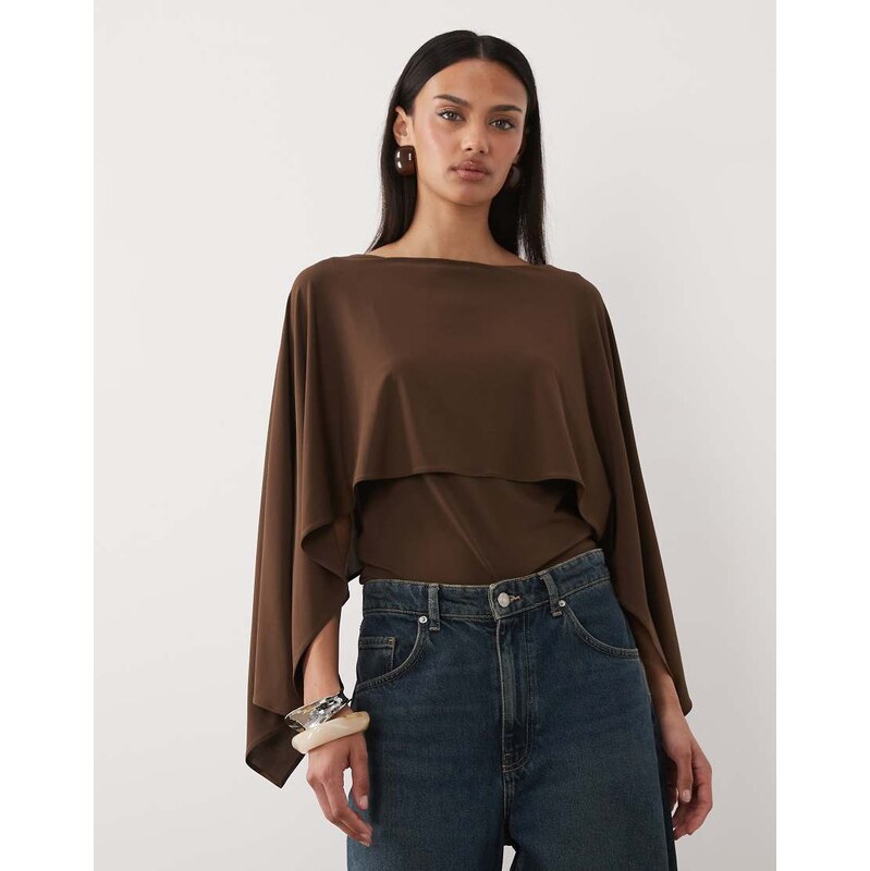 Mango round neck short sleeve top with cape detail in brown 114425913