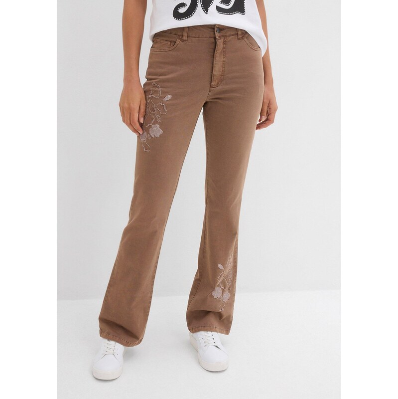 bonprix Kalhoty Bootcut s výšivkou, z elastické bavlněné směsi