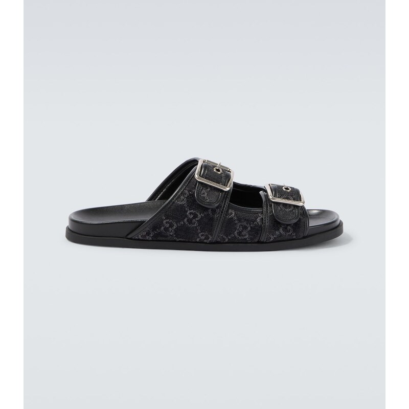 Gucci GG leather-trimmed canvas slides