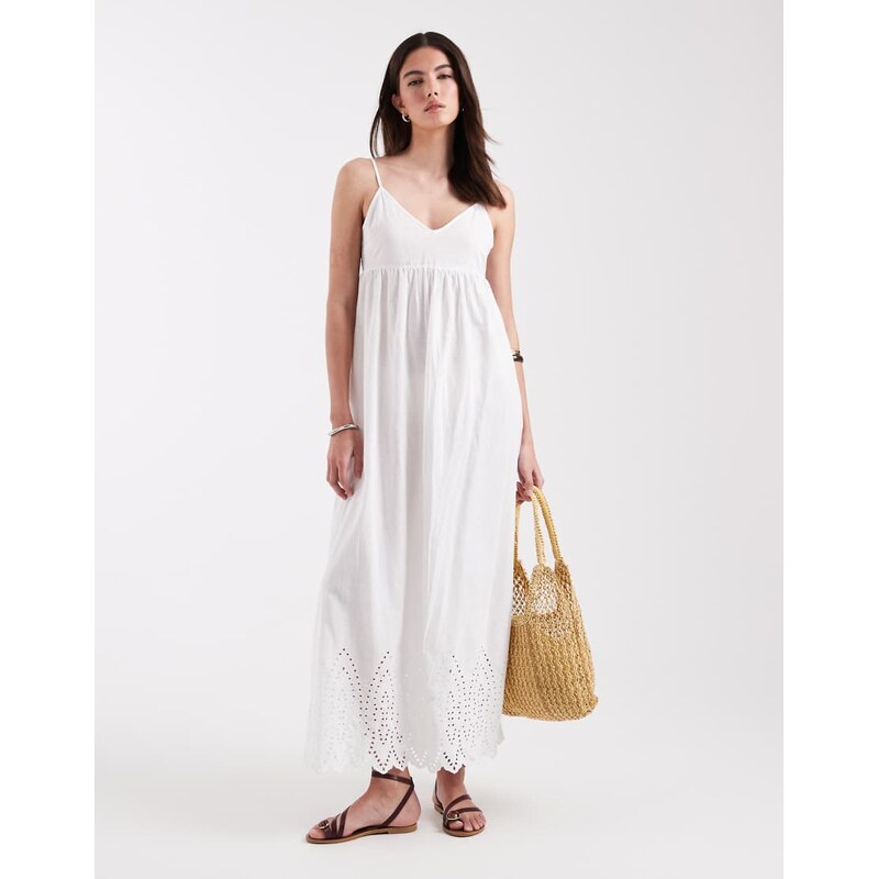 ONLY tie back maxi dress with embroidered hem detail in white