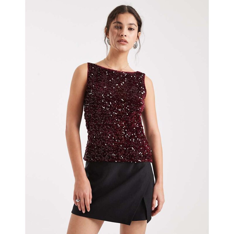 Pieces slash neck sequin top in burgundy-Red 113277165
