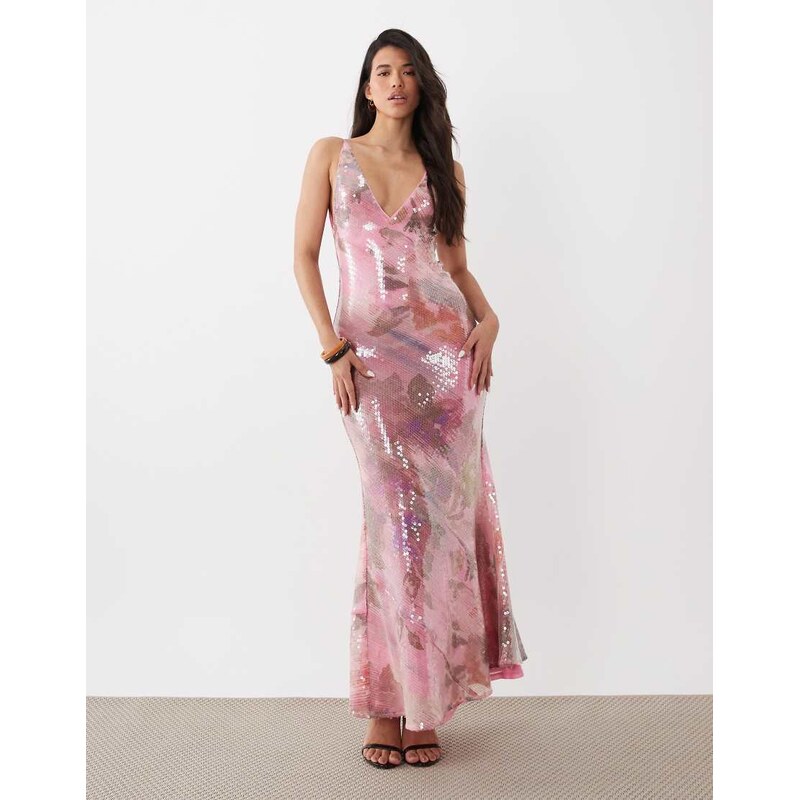 ASOS DESIGN glass sequin deep plunge fishtail maxi dress in pink