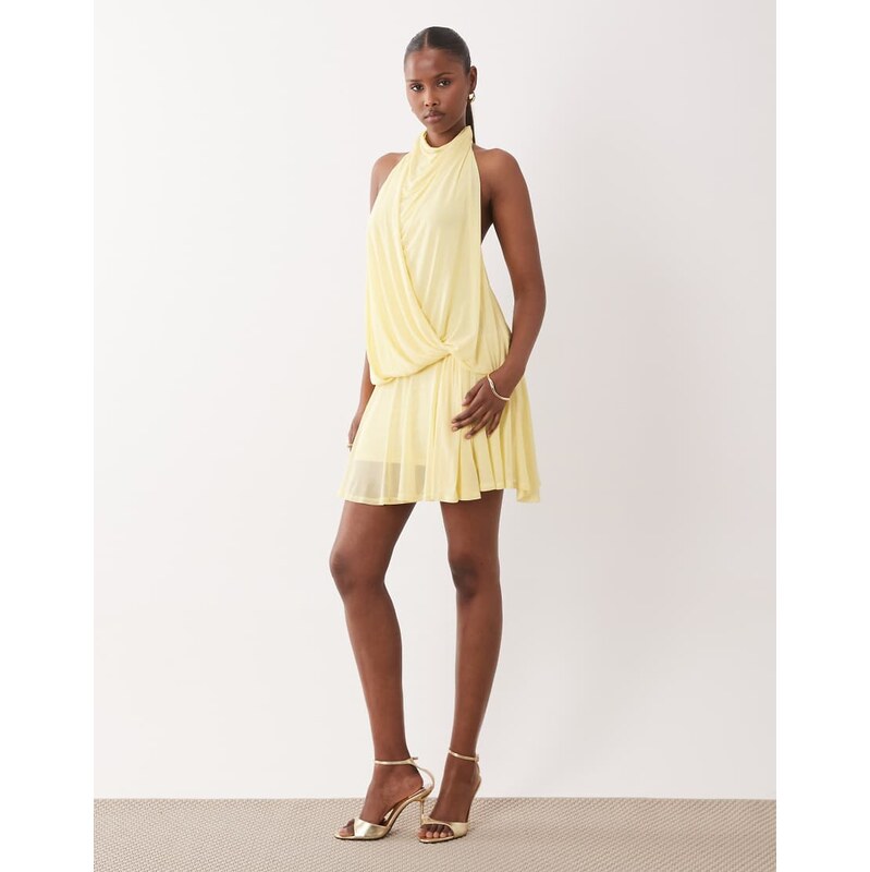 ASOS DESIGN mesh draped halter mini dress in lemon-Yellow
