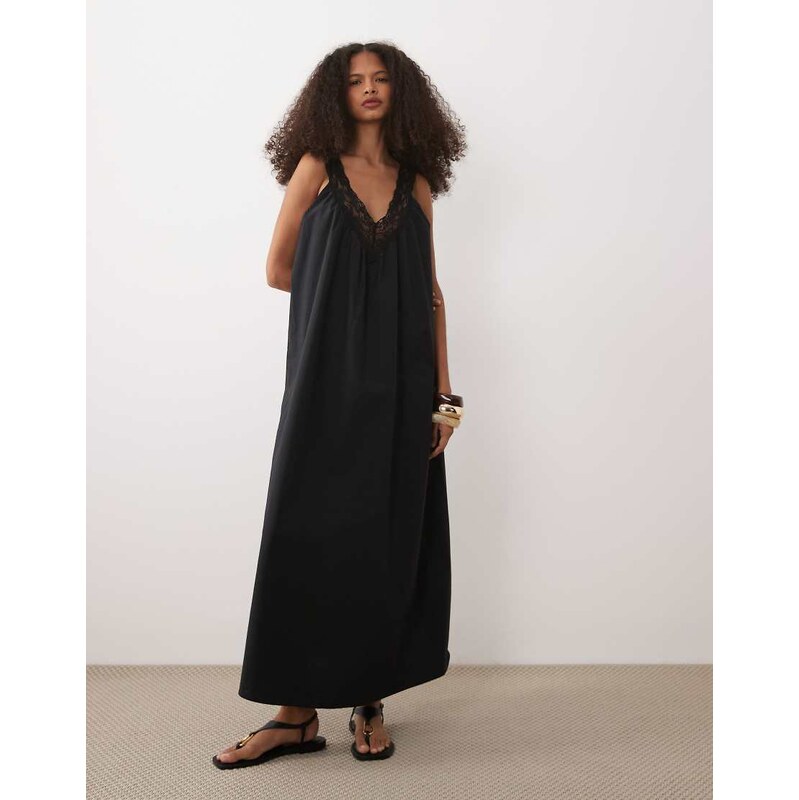 ASOS DESIGN v neck smock poplin maxi sundress with lace overlay