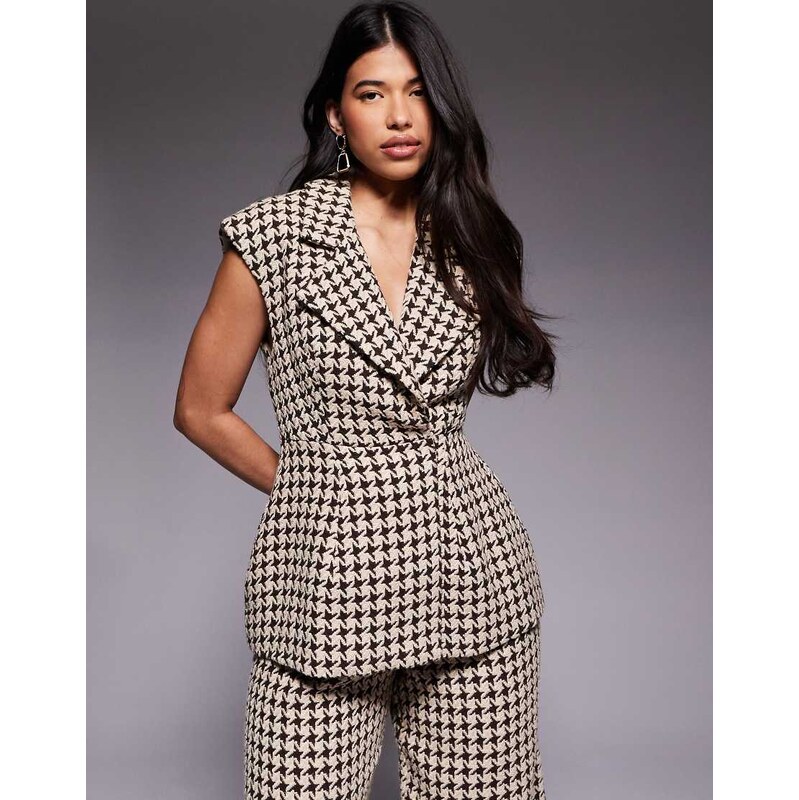 ASOS LUXE co-ord structured houndstooth waistcoat in chocolate-Multi 114569469