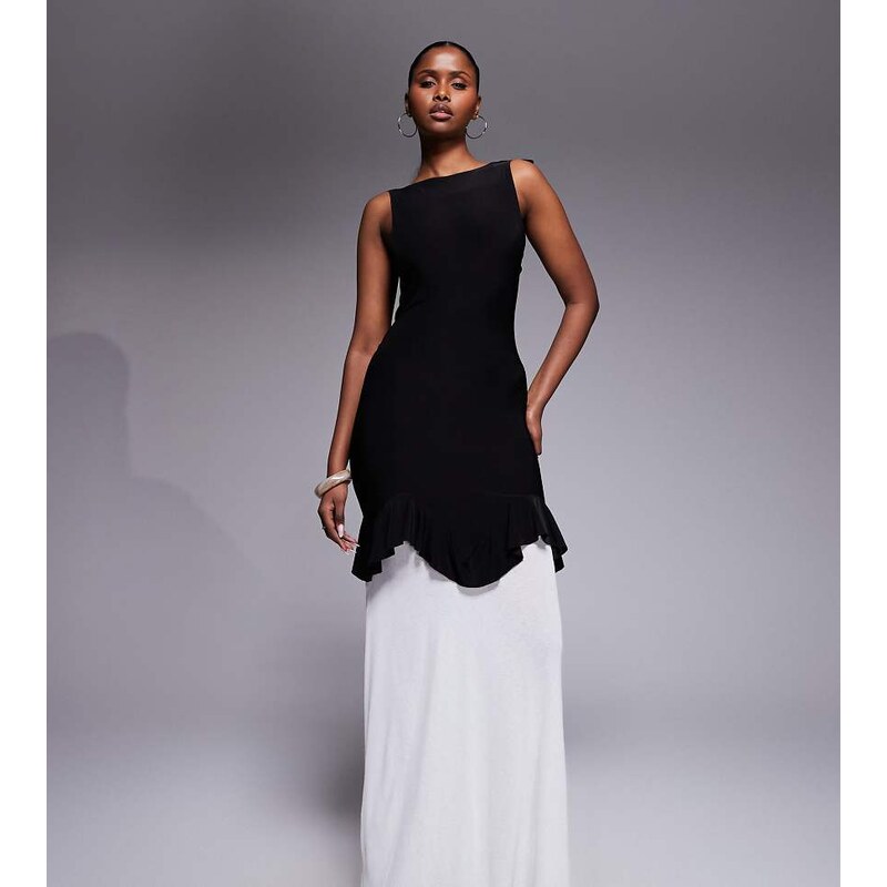 Kaiia exclusive slinky high neck ruffle detail chiffon hem open