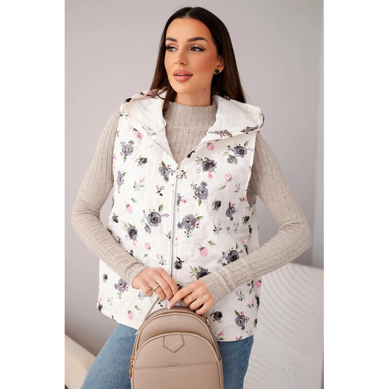 K-Fashion Dámská prošívaná vesta s květinami s kapucí grafitová