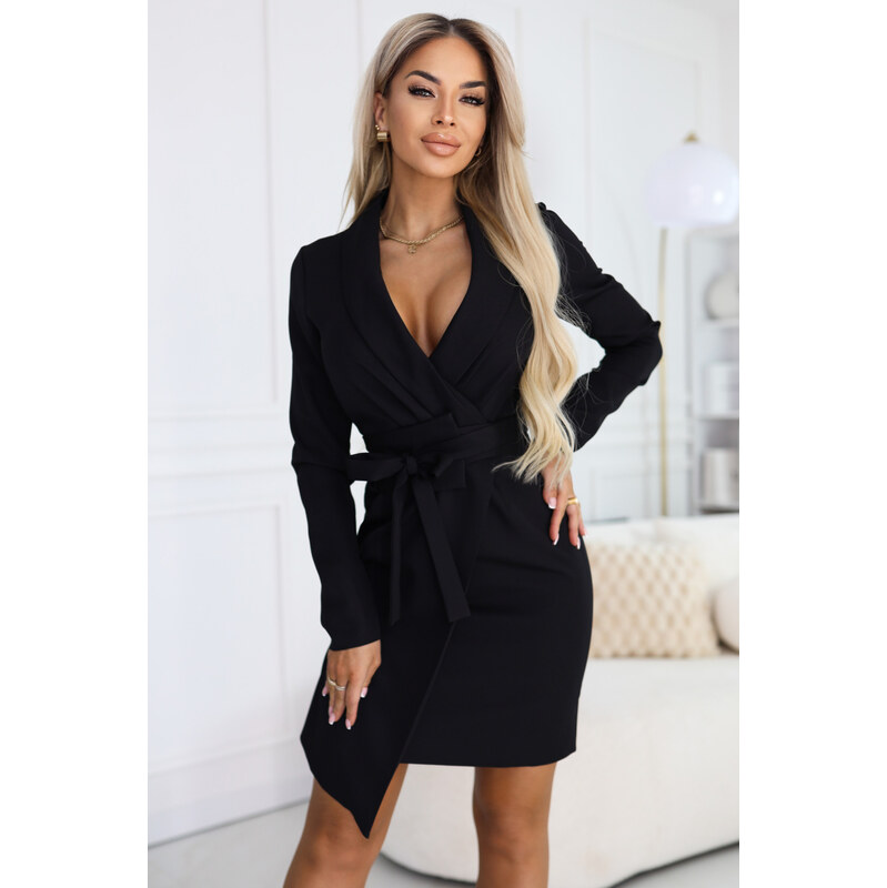 numoco 670-1 Elegantní tmavě modré šaty s páskem a asymetrickým