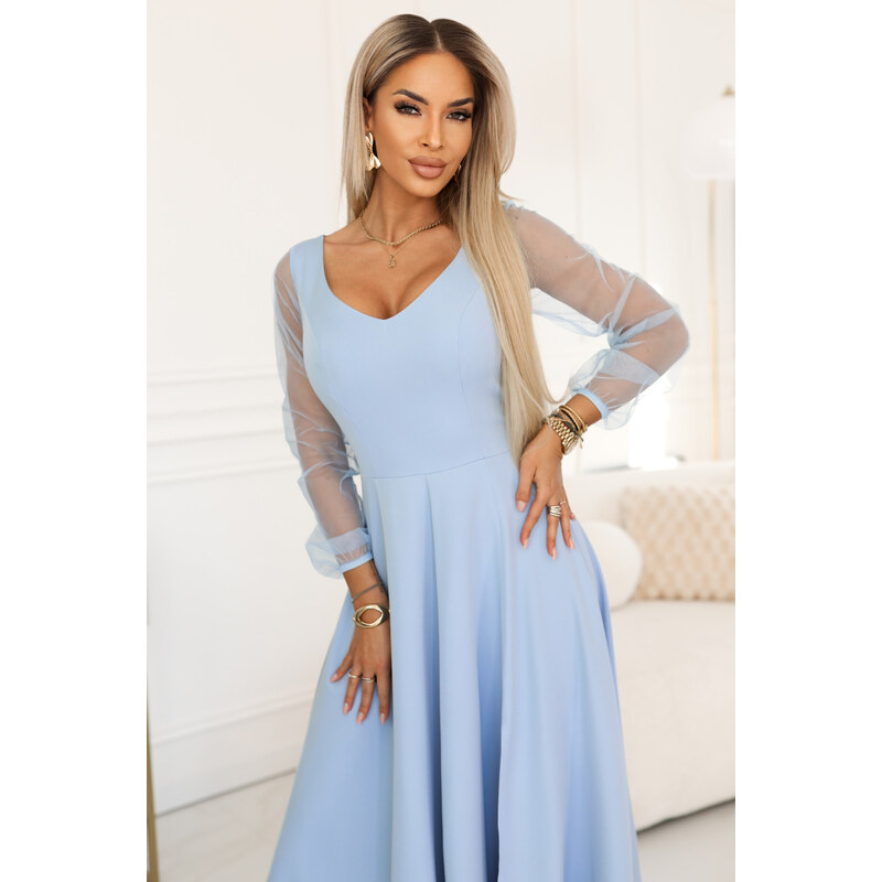LORETTA dlouhé šaty s rukávy a výstřihem modré model 22040392 -