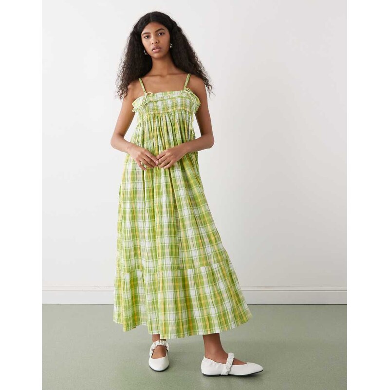 Reclaimed Vintage maxi cami smock dress with ruffles and bow straps in 114543804