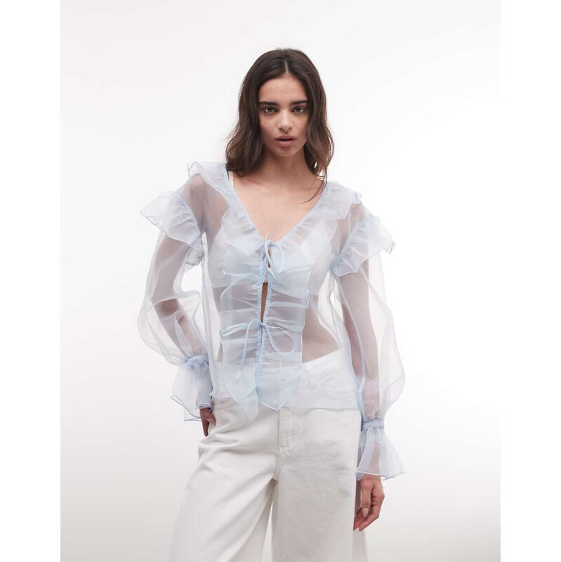 Monki sheer frilled long sleeve blouse in light blue