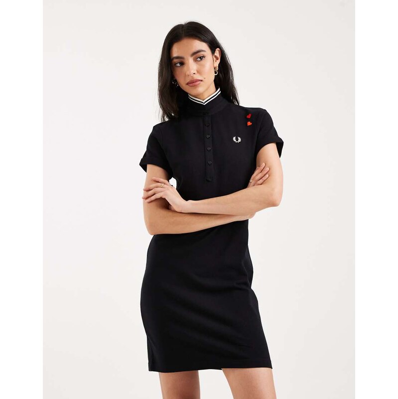 Fred Perry tipped logo polo shirt mini dress in black