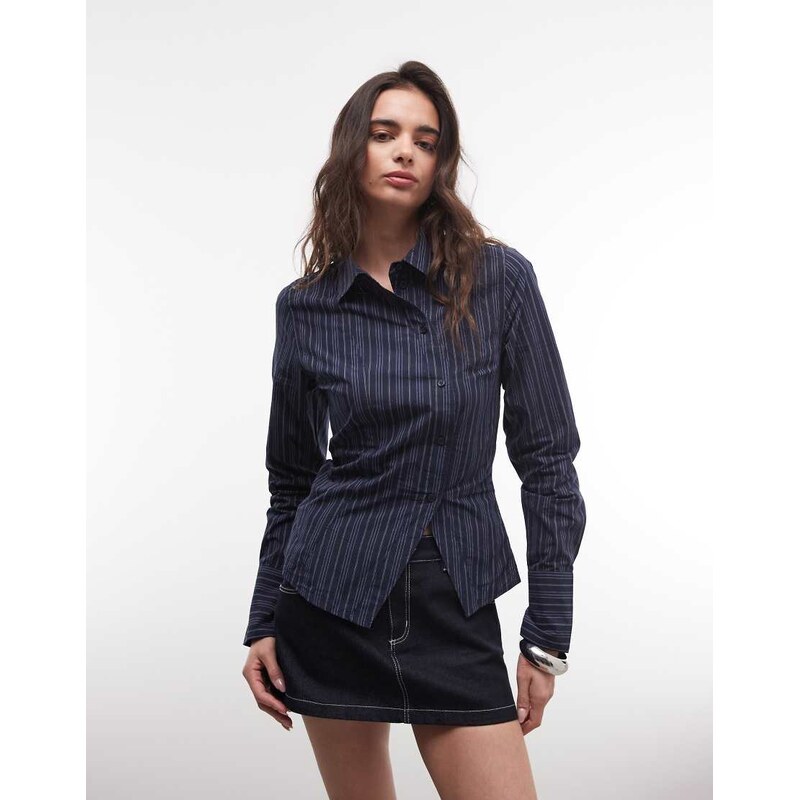 Weekday asymmetric shirt with slit detail in dark blue stripe 114448295